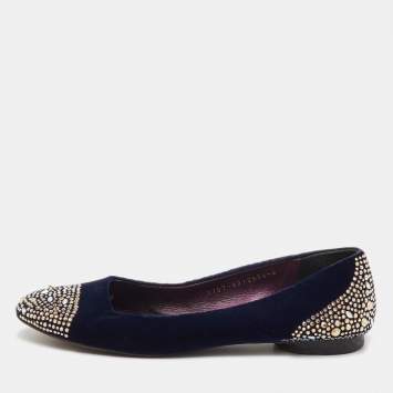 Pre Owned Gina Navy Blue Velvet Crystal Embellished Ballet Flats Size 39