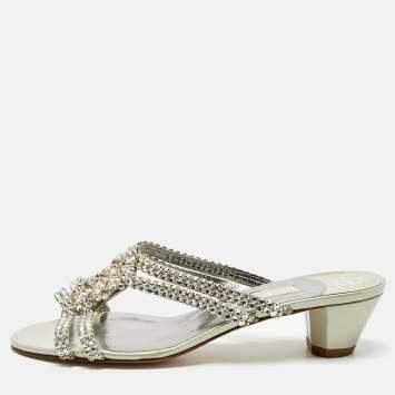 Pre Owned Gina Silver/Grey Crystal Embellished Leather Anabell Slide Sandals Size 40