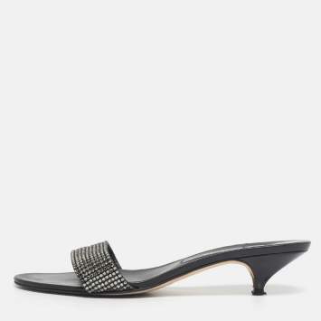 Pre Owned Gina Black/Silver Leather Crystal Embellished Slide Sandals Size 40