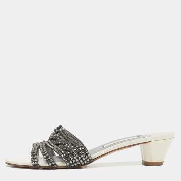 Pre Owned Gina Cream Patent Leather Crystal Embellished Slides Sandals Size 41.5