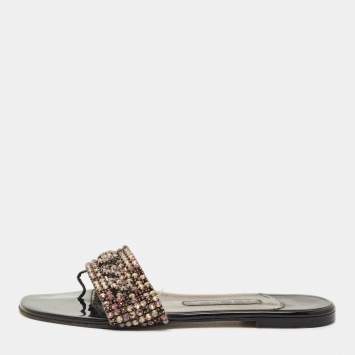 Pre Owned Gina Silver Leather Crystal Embellished Aurora Thong Flat Slides Size 37.5