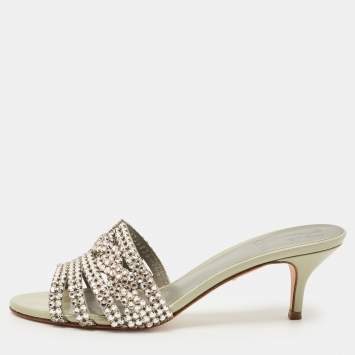 Pre Owned Gina Grey Patent Leather Crystal Embellished Slide Sandals Size 36.5