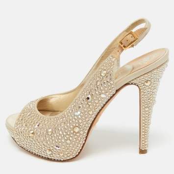 Pre Owned Gina Gold Satin Swarovski Embellished Slingback Sandals Size 37