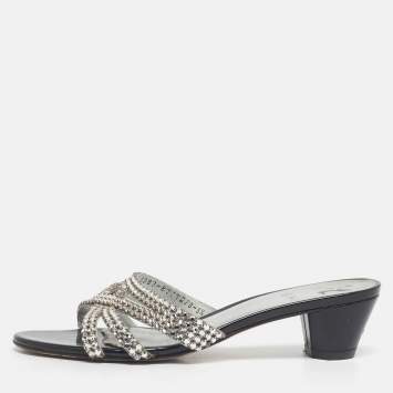 Pre Owned Gina Silver Leather Crystal Embellished Slide Sandals Size 38.5