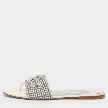 Pre Owned Gina White Leather Loren Flat Slide Size 40.5