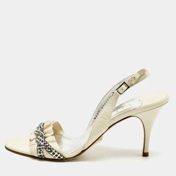 Pre Owned Gina Cream Leather Crystal Embellish Slingback Sandals Size 41
