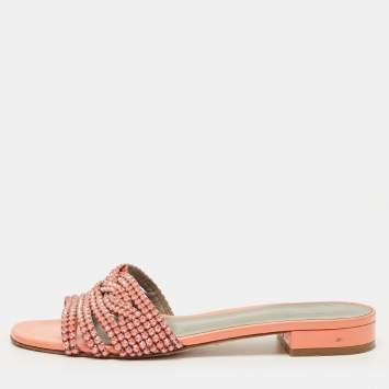 Pre Owned Gina Pink Leather Crystals Embellish Flat Sandals Size 40