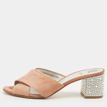 Pre Owned Gina Beige Suede Cross Strap Crystal Embellished Block Heel Slide Sandals Size 39.5