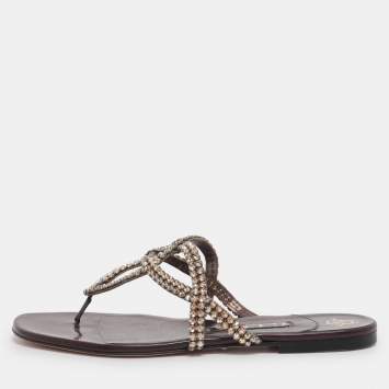 Pre Owned Gina Burgundy Crystal Embellished Leather Thong Flat Slides Size 38.5