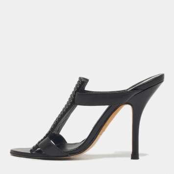 Pre Owned Gina Black Crystals and Leather Slide Sandals Size 37