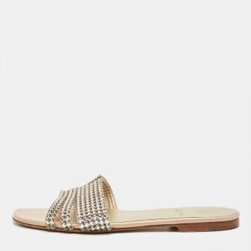 Pre Owned Gina Silver Leather Crystal Embellished Flat Slide Size 37