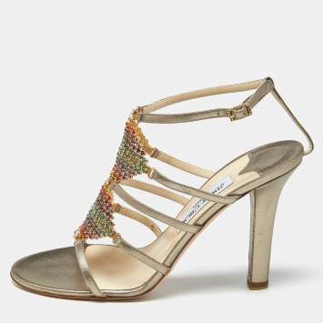 Pre Owned Gina Metallic Gold Leather Crystal Embellished Ankle Strap Sandals Size 39