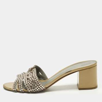 Pre Owned Gina Beige Patent Leather and Leather Crystal Embellished Slide Sandals Size 39.5