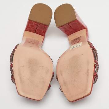 Pre Owned Gina Red Leather Crystal Embellished Slide Sandals Size 36