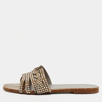 مملوكة مسبقًا Gina Brown Crystal Embellished Leather Loren Flat Sandals Size 39