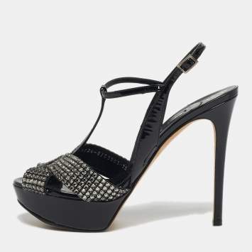 Pre Owned Gina Size 40.5 Black Patent Leather Crystal Embellished T-Strap Platform Sandals