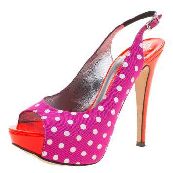 Pre Owned Gina Purple Polka Dot Fabric Peep Toe Slingback Sandals Size 37.5