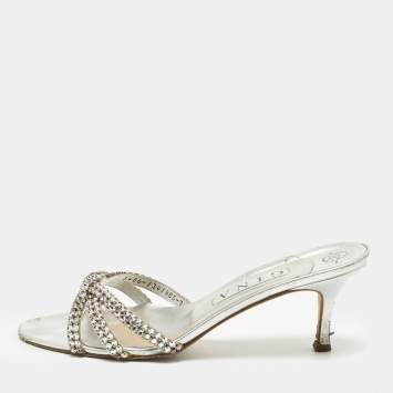 Pre Owned Gina Gallery Size 40 Silver Leather Crystal Embellished Slide Sandals