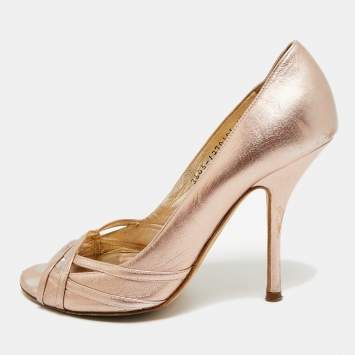 Pre Owned Gina Size 39.5 Metallic Leather Peep Toe Pumps