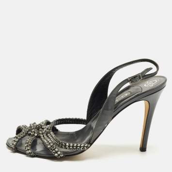 مملوكة مسبقًا Gina Size 40.5 Grey Patent Leather Crystal Embellished Slingback Sandals