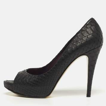 Pre Owned Gina Size 40.5 Black Python Leather Platform Peep Toe Pumps