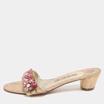 Pre Owned Gina Size 37.5 Gold Leather Crystal Embellished Slide Sandals