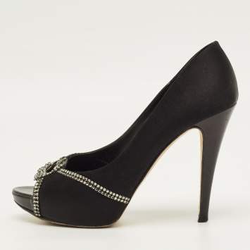 Pre Owned Gina Size 40.5 Black Satin Crystal Embellished Pumps
