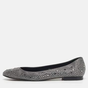 Pre Owned Gina Size 41 Grey Satin Crystal Embellished Ballet Flats