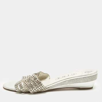 Pre Owned Gina Size 41 Silver Leather Crystal Embellished Wedge Sandals