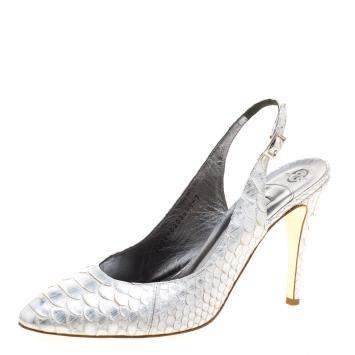 Pre Owned Gina Silver Chrome Python Slingback Sandals Size 40