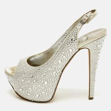 Pre Owned Gina Size 38.5 Light Grey Satin Crystal Embellished Peep Toe Platform Slingback Sandals