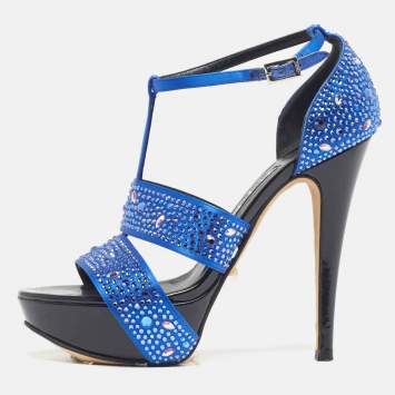 Pre Owned Gina Alicia Cobalt Size 37 Blue/Black Satin Platform Sandals