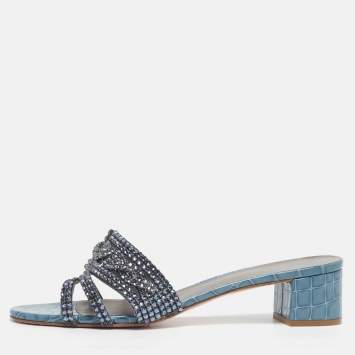 Pre Owned Gina Rodeo Size 42 Blue Croc Embossed Leather Slide Sandals