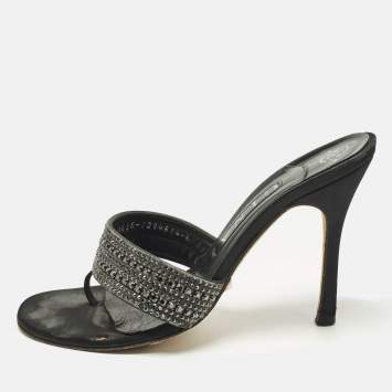 Pre Owned Gina Size 39 Black Leather Crystal Embellished Thong Slide Sandals