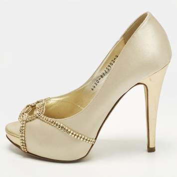 Pre Owned Gina Size 37 Gold Leather and Satin Crystal Embellished Platform Pumps