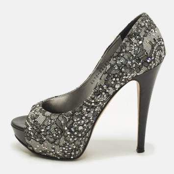 Pre Owned Gina Size 37 Grey/Black Satin and Lace Crystal Embellished Platform Peep Toe Pumps