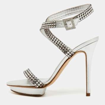 Pre Owned صندل جينا جلد فضي مزين بالكريستال بسوار كاحل مقاس 37