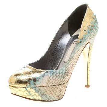Pre Owned Gina Multicolor Metallic Python Leather Platform Pumps Size 37.5
