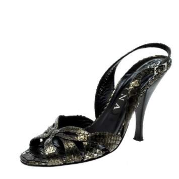 Pre Owned Gina Metallic Green Python Leather Trudy Slingback Sandals Size 38