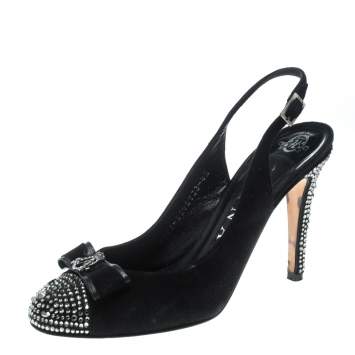 Pre Owned Gina Black Suede Crystal Embellished Cap Toe Slingback Sandals Size 37.5 