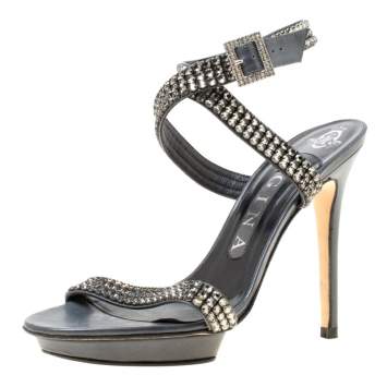 Pre Owned Gina Dark Grey Crystal Embellished Leather Cross Ankle Strap Sandals Size 37
