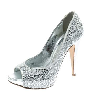 Pre Owned Gina Light Grey Satin Crystal Embellished Peep Toe Platform Pumps Size 37