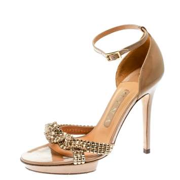 Pre Owned Gina Beige Leather Crystal Embellished Ankle Strap Platform Sandals Size 37