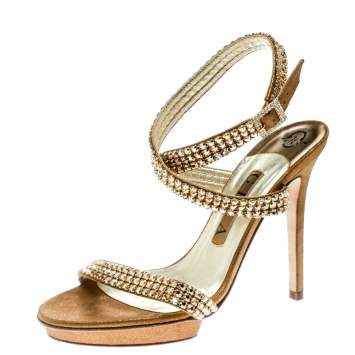 Pre Owned Gina Metallic Gold Suede Crystal Embellished Cross Ankle Strap Sandals Size 37
