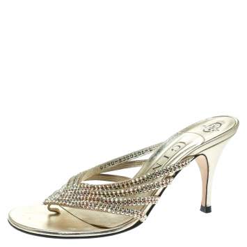 Pre Owned Gina Gold Crystal Embellished Leather Sandals Size 37