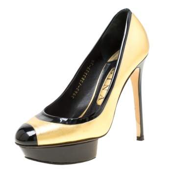 Pre Owned Gina Two Tone Leather Tori Pumps Size 36.5