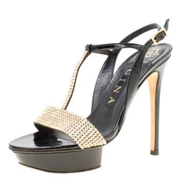 Pre Owned Gina Black Patent Leather Crystal Embellished Platform Sandals Size 37
