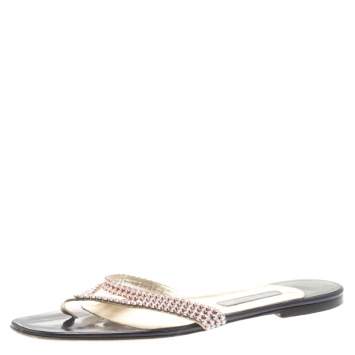 Pre Owned Gina Metallic Pink Crystal Embellished Leather Thong Sandals Size 41