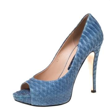 Pre Owned Gina Blue Python Leather Peep Toe Platform Pumps Size 37