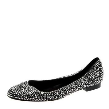 Pre Owned Gina Black Crystal Embellished Satin Ballet Flats Size 38.5